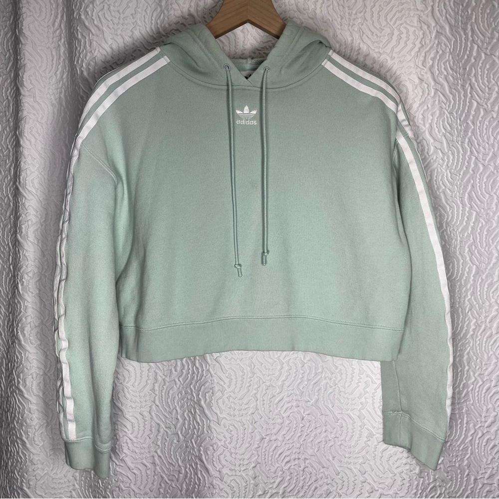 adidas Originals Seafoam Green Cropped Pullover Hoodie Three Stripe XS